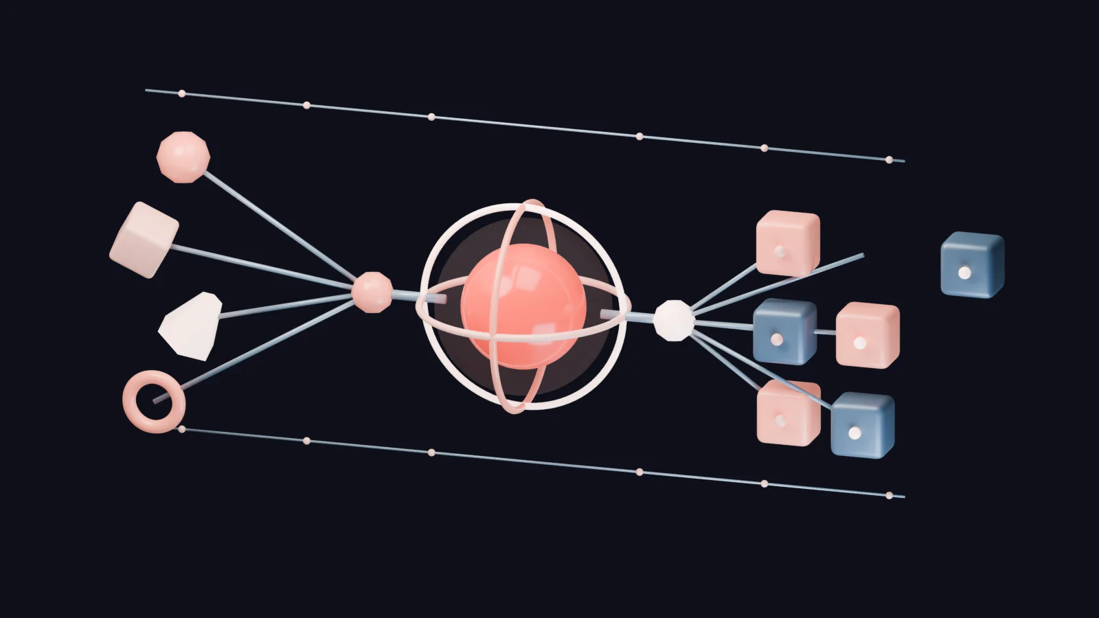 A coral production core connects varied inputs to six modules; one module is withdrawn from its connection.