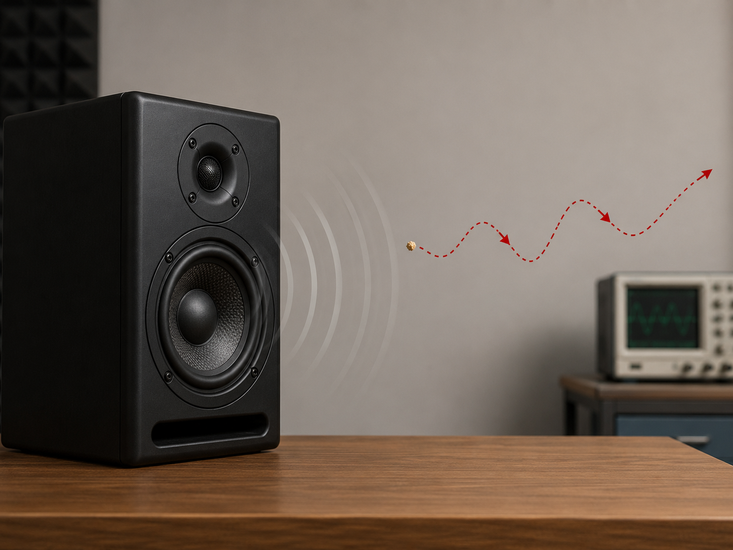 Photorealistic image showing a speaker on a wooden desk with red dots tracing a transverse wave path away from it