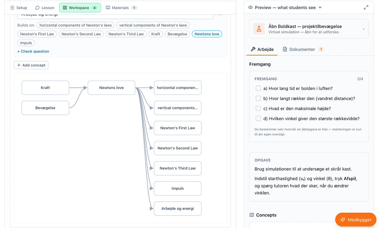 A teacher configuring a Newtonian physics concept map in AIPLA, with prerequisite relations between Kraft, Bevægelse and Newton's laws, beside a student preview