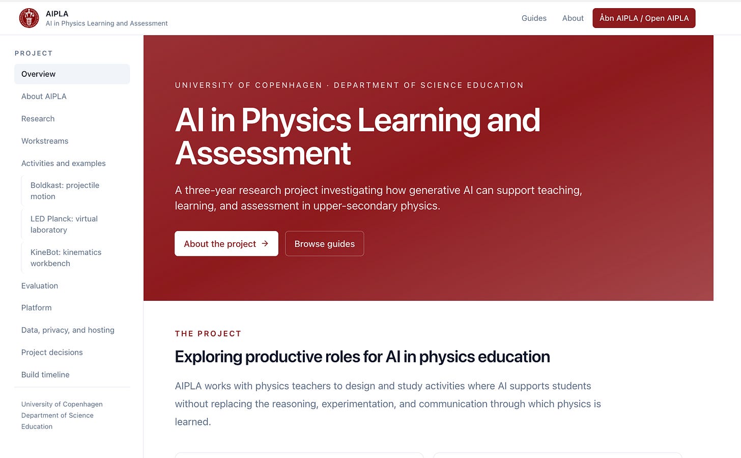 The AIPLA project website at aipla.ku.dk (University of Copenhagen, Department of Science Education): a maroon hero reading 'AI in Physics Learning and Assessment', a left-hand navigation of the three-year research project, and the 'Exploring productive roles for AI in physics education' section