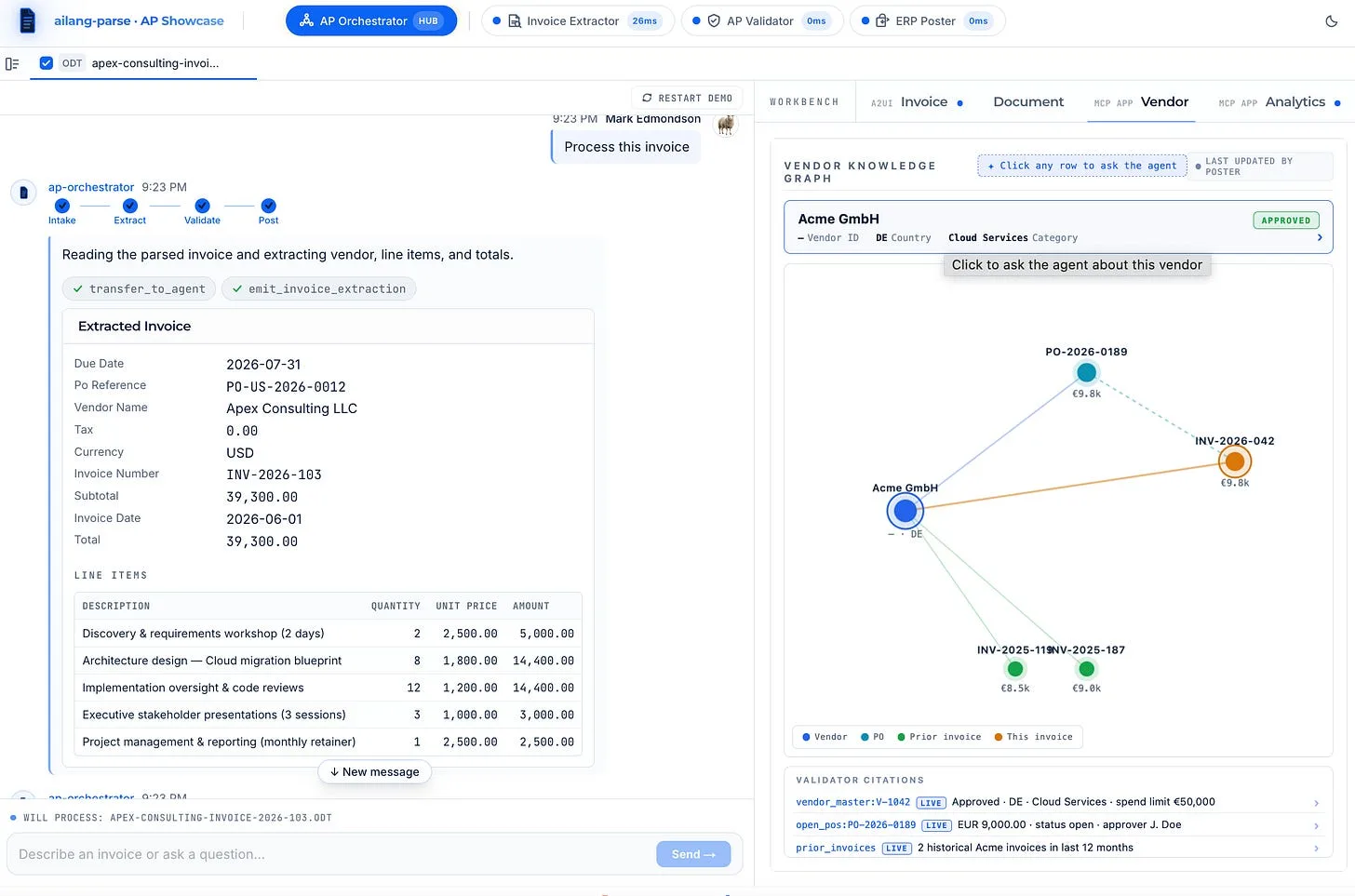 AP Showcase running a four-agent pipeline: extracted invoice fields on the left, an MCP App vendor knowledge graph and validator citations on the right