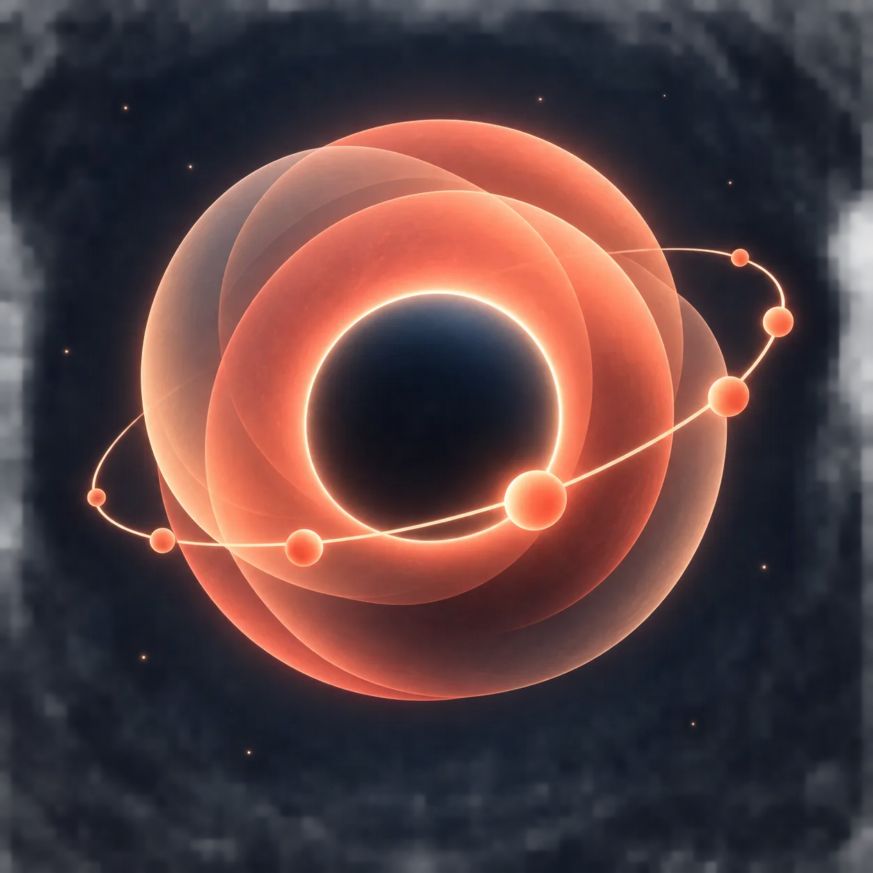 Abstract illustration of translucent orange concentric spheres orbited by small glowing spheres on a ring, representing an AI system with orbiting sub-tasks