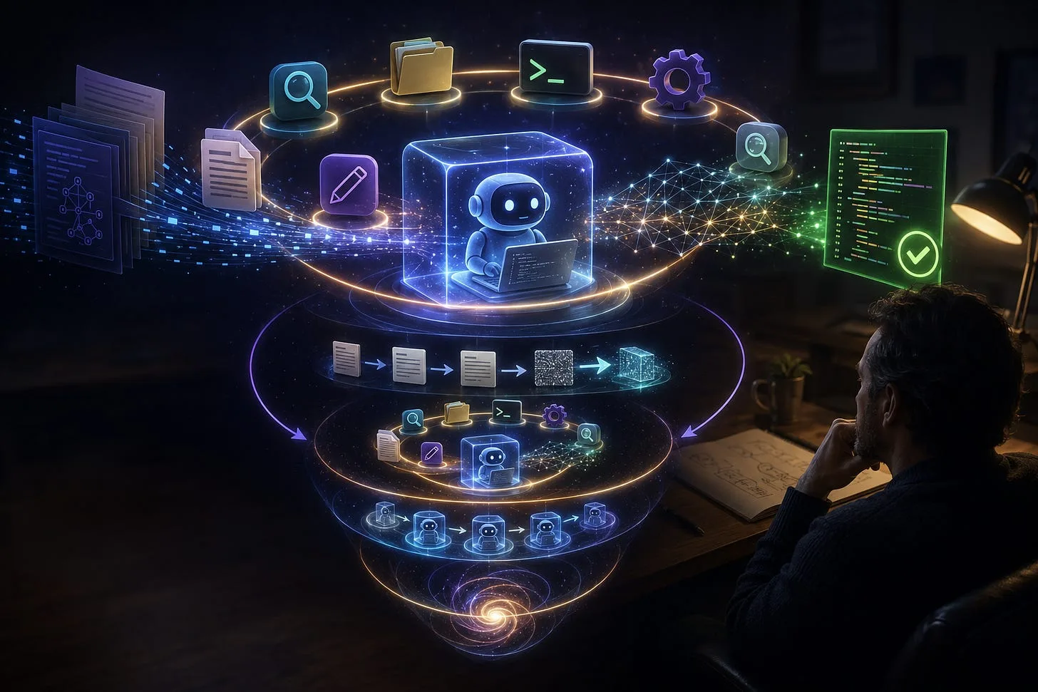 Nested loops of AI coding agents, each layer wrapping tool icons for read, write, edit, search, list and execute, with a developer watching from a desk