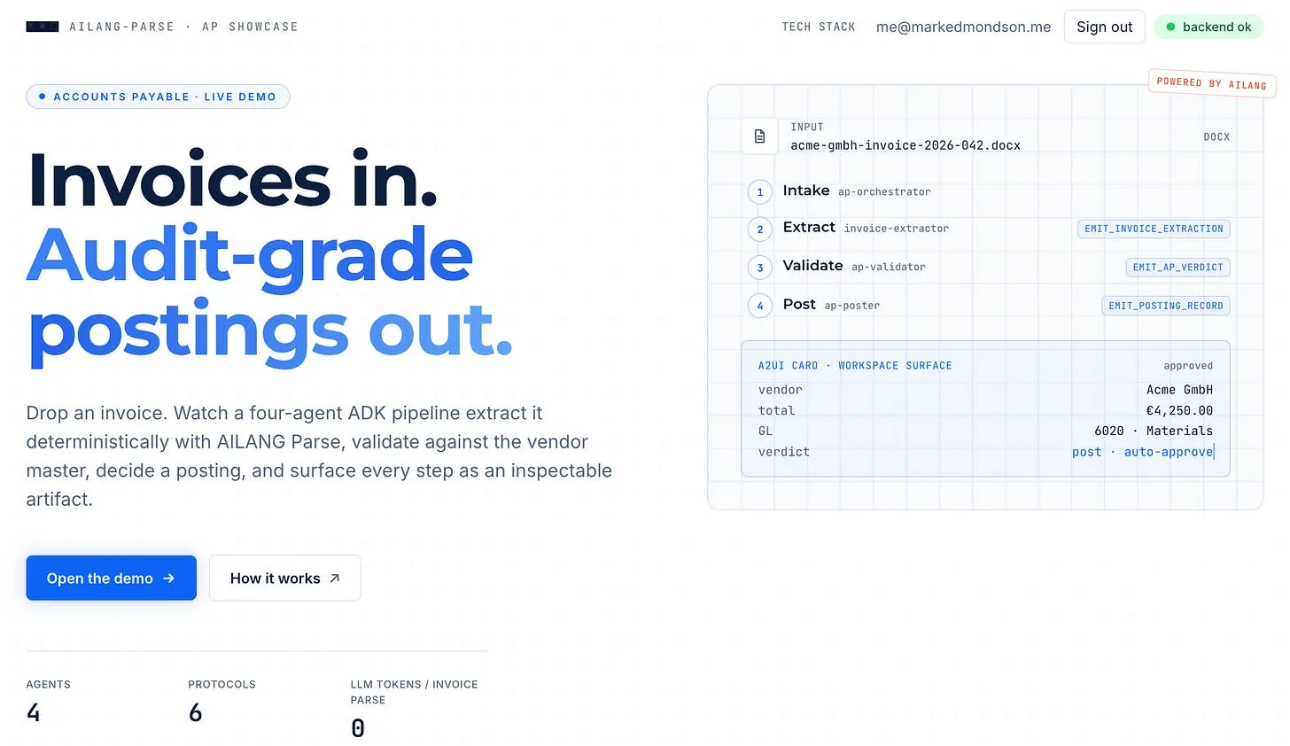AP Showcase landing page reading 'Invoices in. Audit-grade postings out.' with the intake, extract, validate and post pipeline