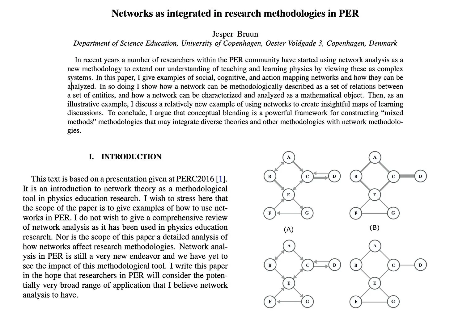 First page of Jesper Bruun's paper 'Networks as integrated in research methodologies in PER', showing example network diagrams