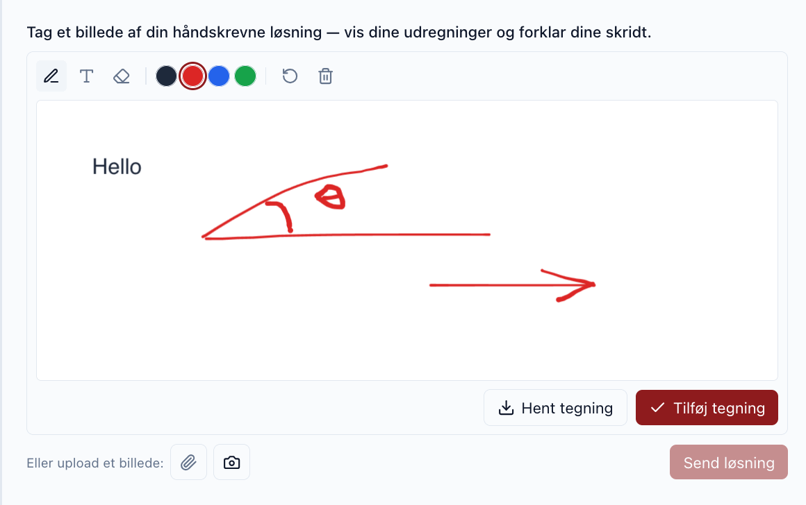 An AIPLA workbench activity where a student draws or uploads a picture of their handwritten solution using a pen, colour and eraser toolbar, then sends or uploads it so the AI tutor can read it and respond
