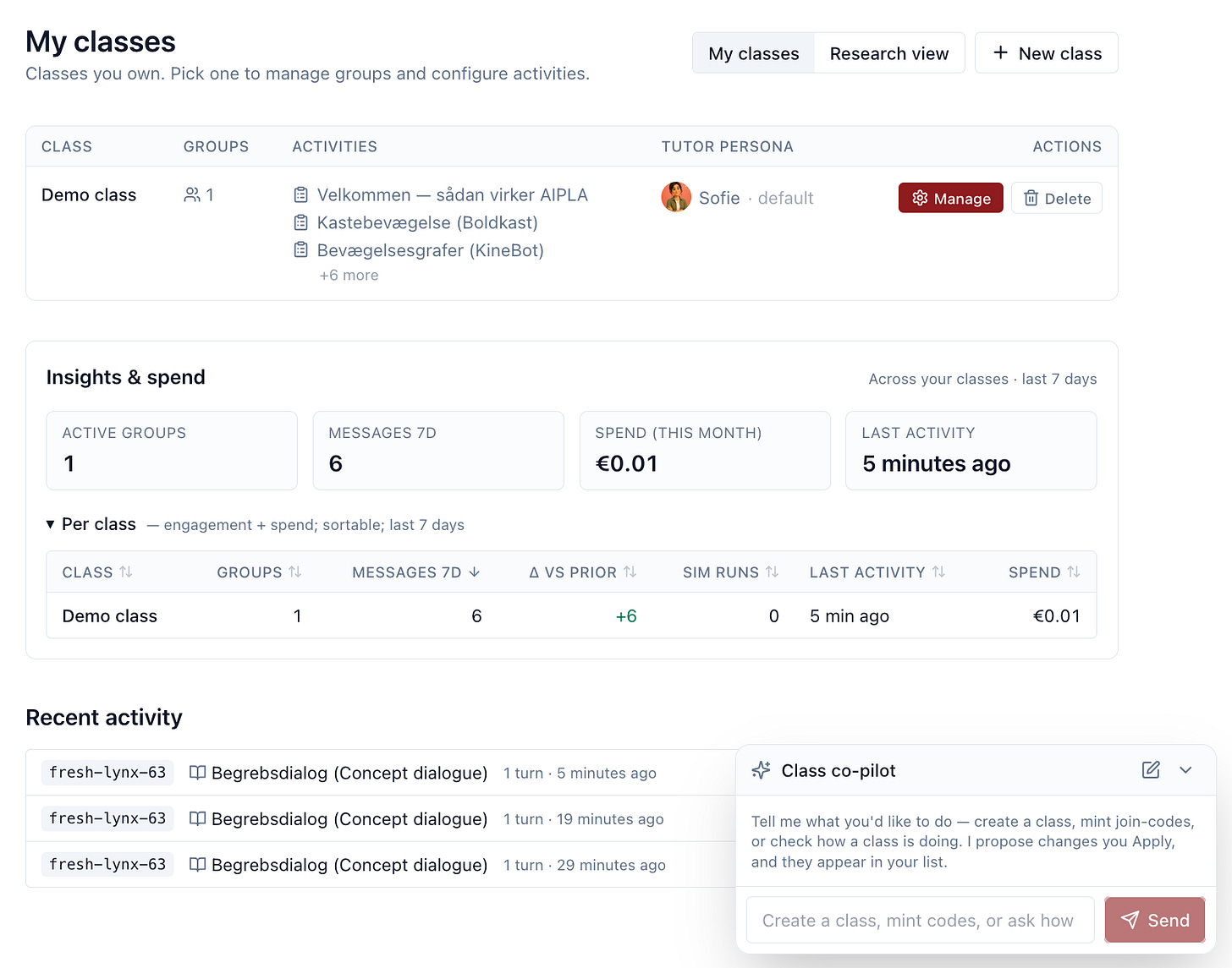 The AIPLA teacher dashboard: a 'My classes' list showing groups, assigned physics activities (concept dialogue, Boldkast projectile motion, KineBot), the Sofie tutor persona and Manage/Delete actions, above an Insights & spend summary, per-class engagement, recent activity, and a 'Class co-pilot' assistant panel