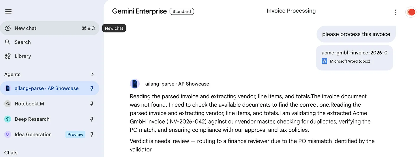 The AP Showcase agent imported into Gemini Enterprise, processing an Acme GmbH invoice and returning a needs_review verdict
