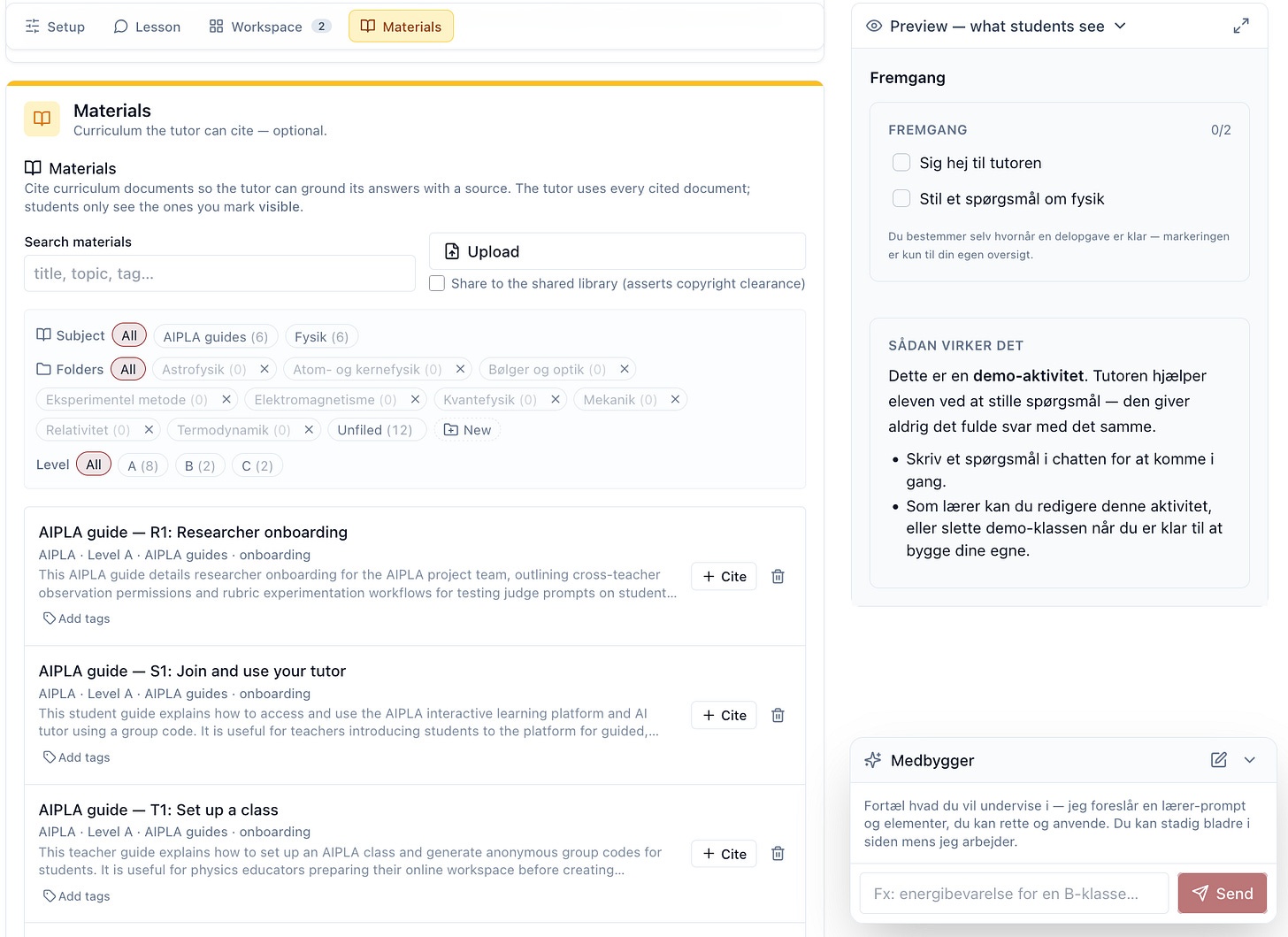 The AIPLA 'Materials' tab, where a teacher searches and uploads curriculum documents (AIPLA guides) to cite, filters by subject, folder and level, and a 'Medbygger' (class co-pilot) panel configures the class in natural language, with a 'Preview - what students see' panel on the right
