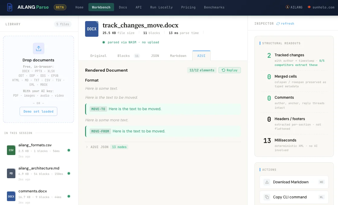 AILANG Parse Workbench — parse documents and view structured output with track changes, merged cells, and more