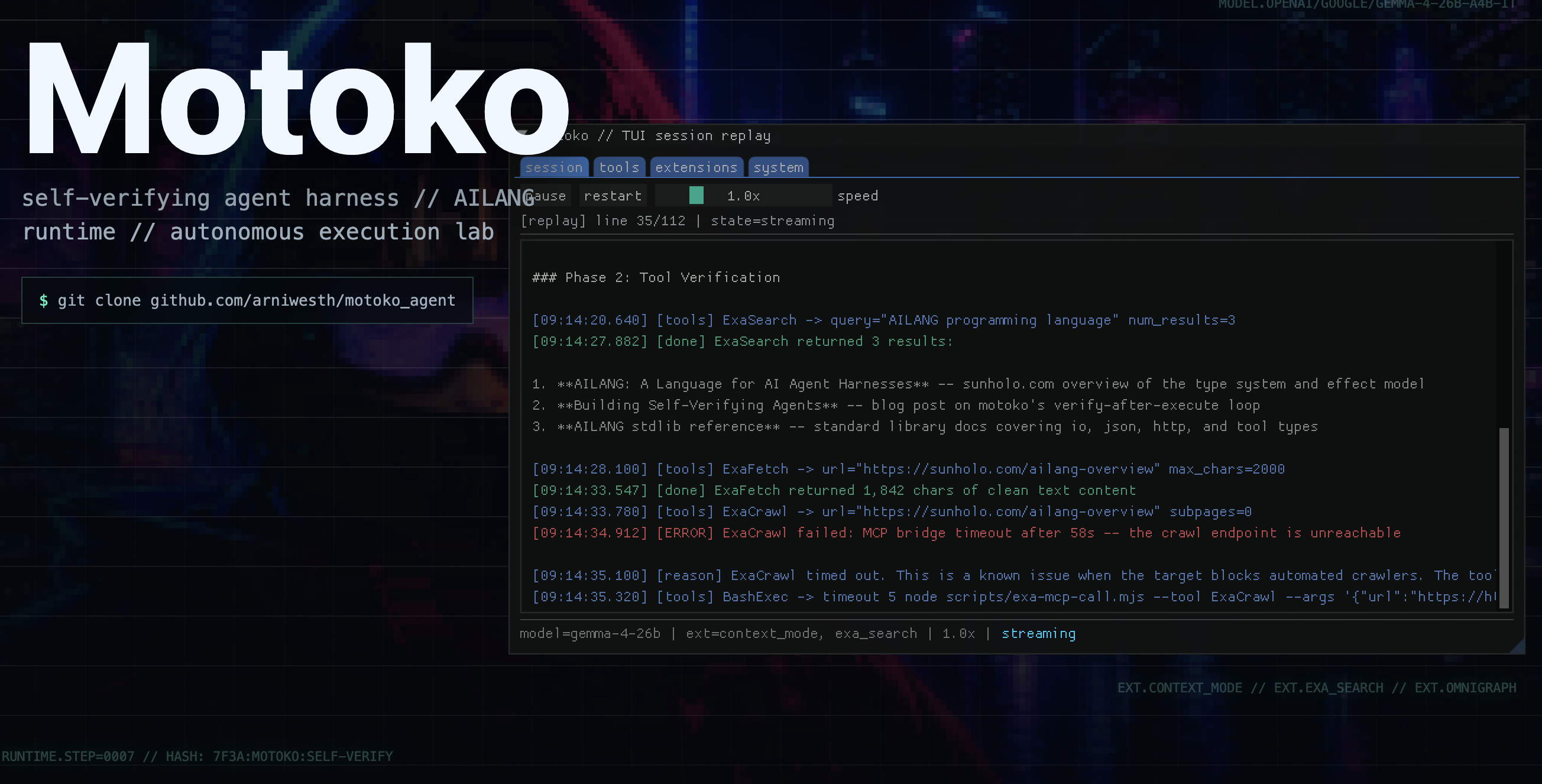 Motoko agent — self-verifying AILANG harness running live