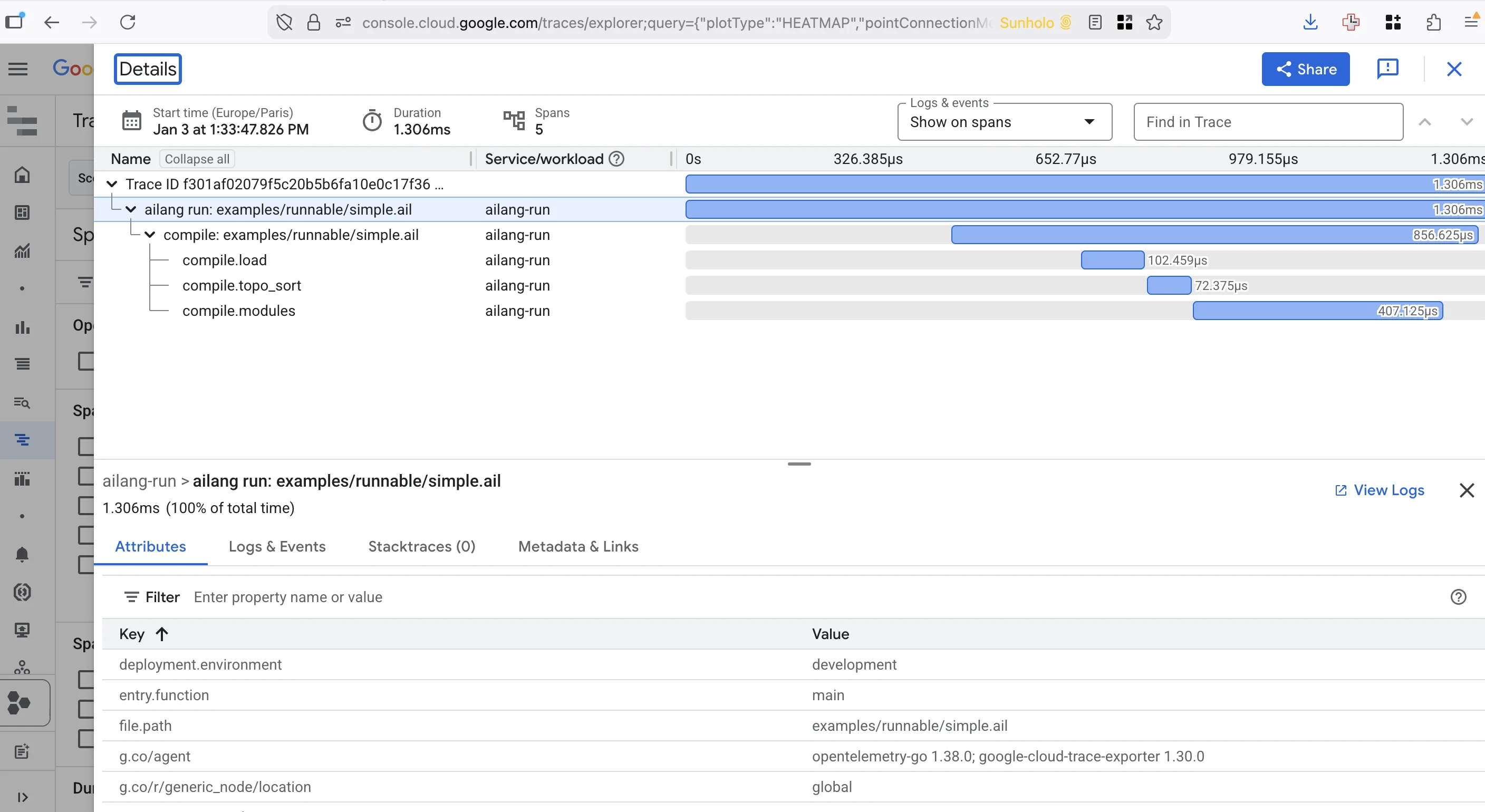 Cloud trace across the AILANG stack — every effect, every span, every cost