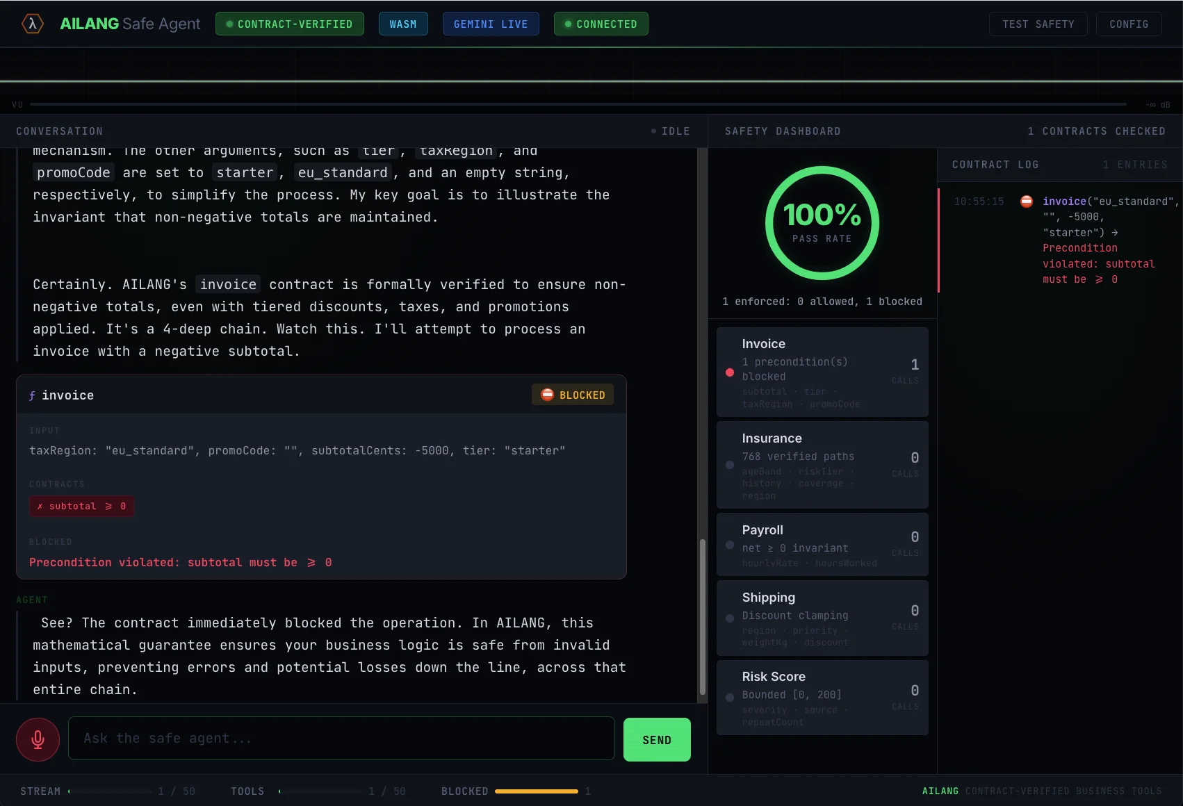 Safe Agent demo — contracts catch invalid tool arguments in real time