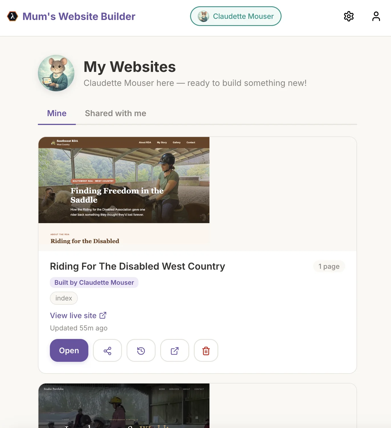Website Builder dashboard — manage your sites