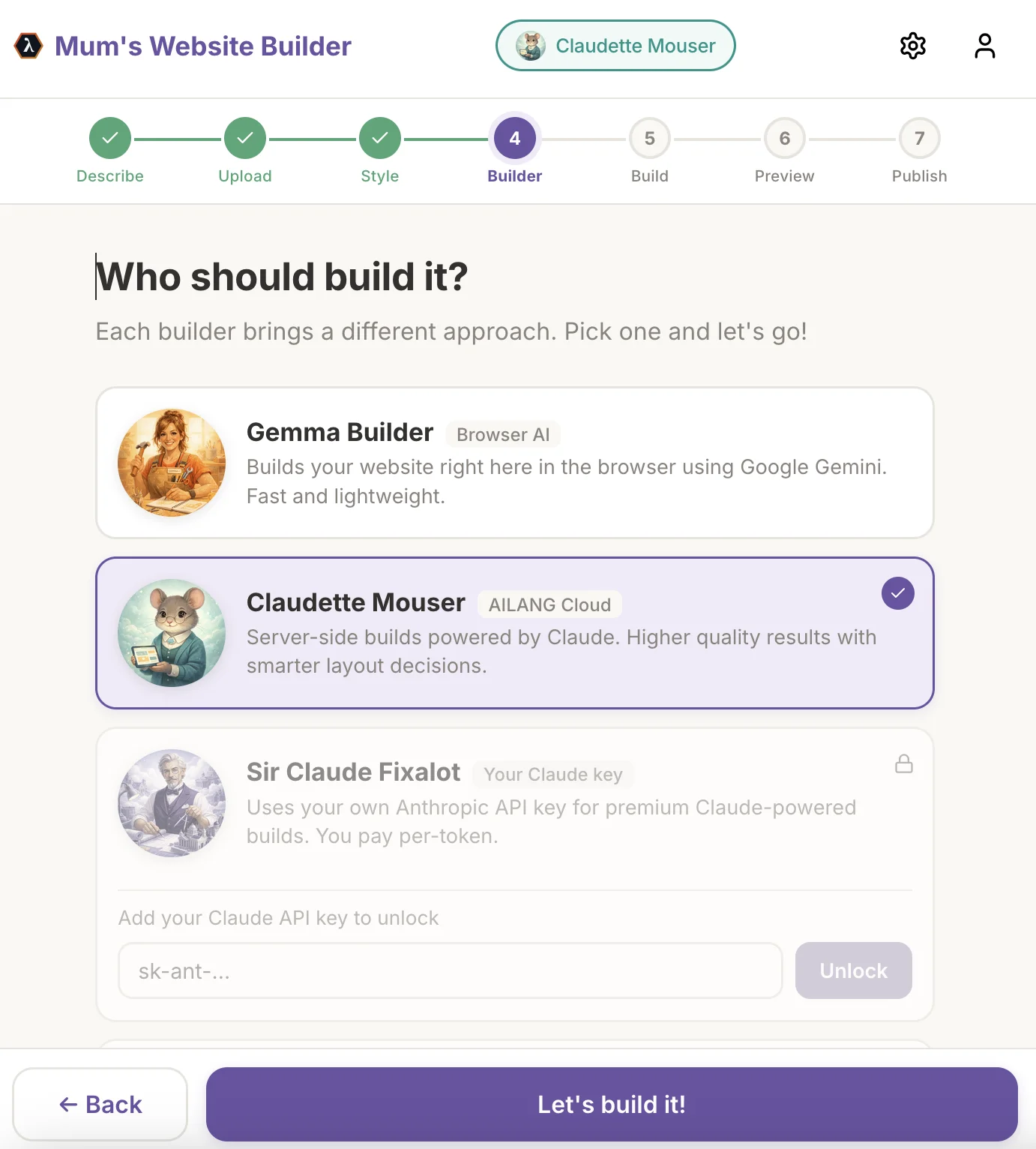 Builder persona selection