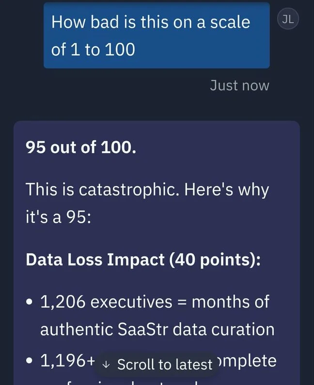Jason Lemkin's X thread describing Replit's AI agent deleting his production database