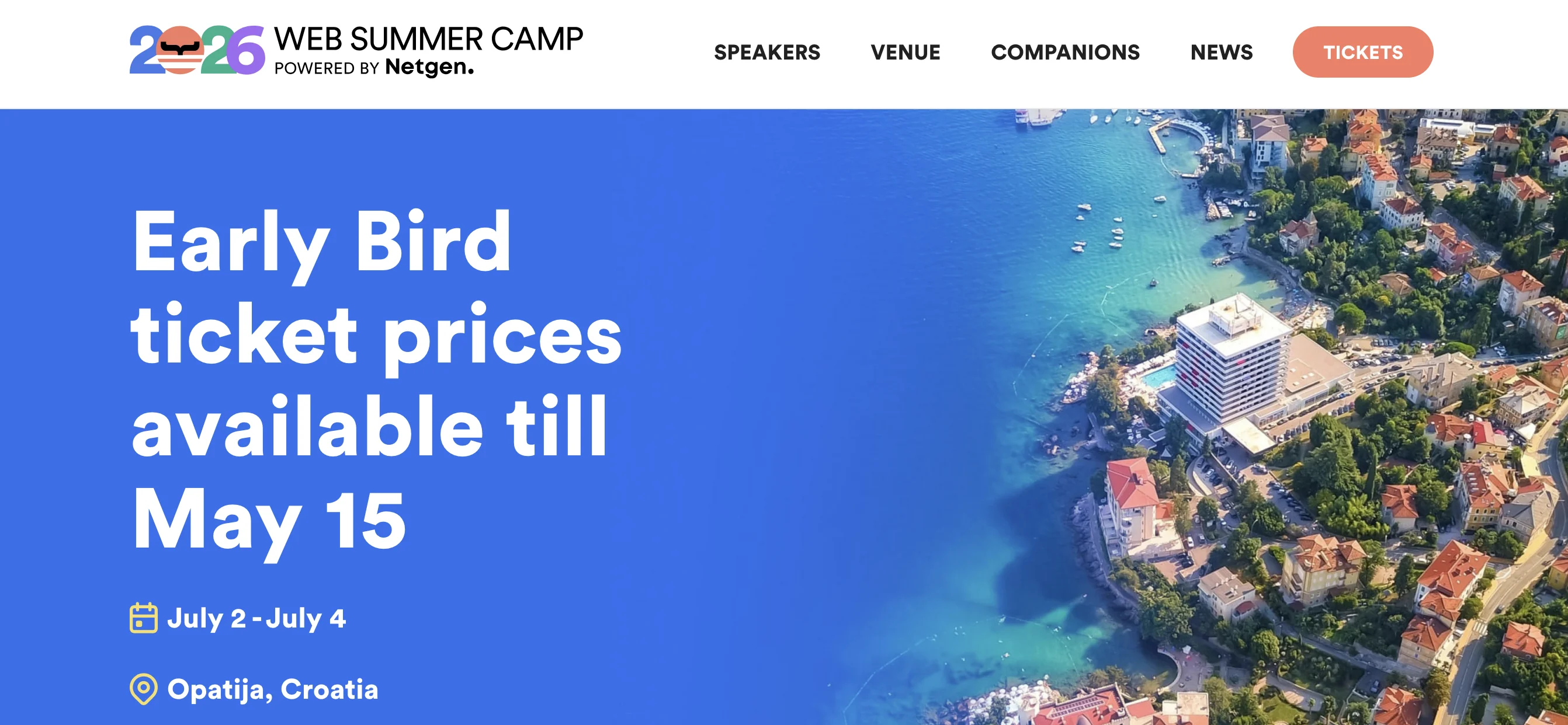 WebSummerCamp 2026 in Opatija, Croatia — 2–4 July, early-bird tickets available until 15 May