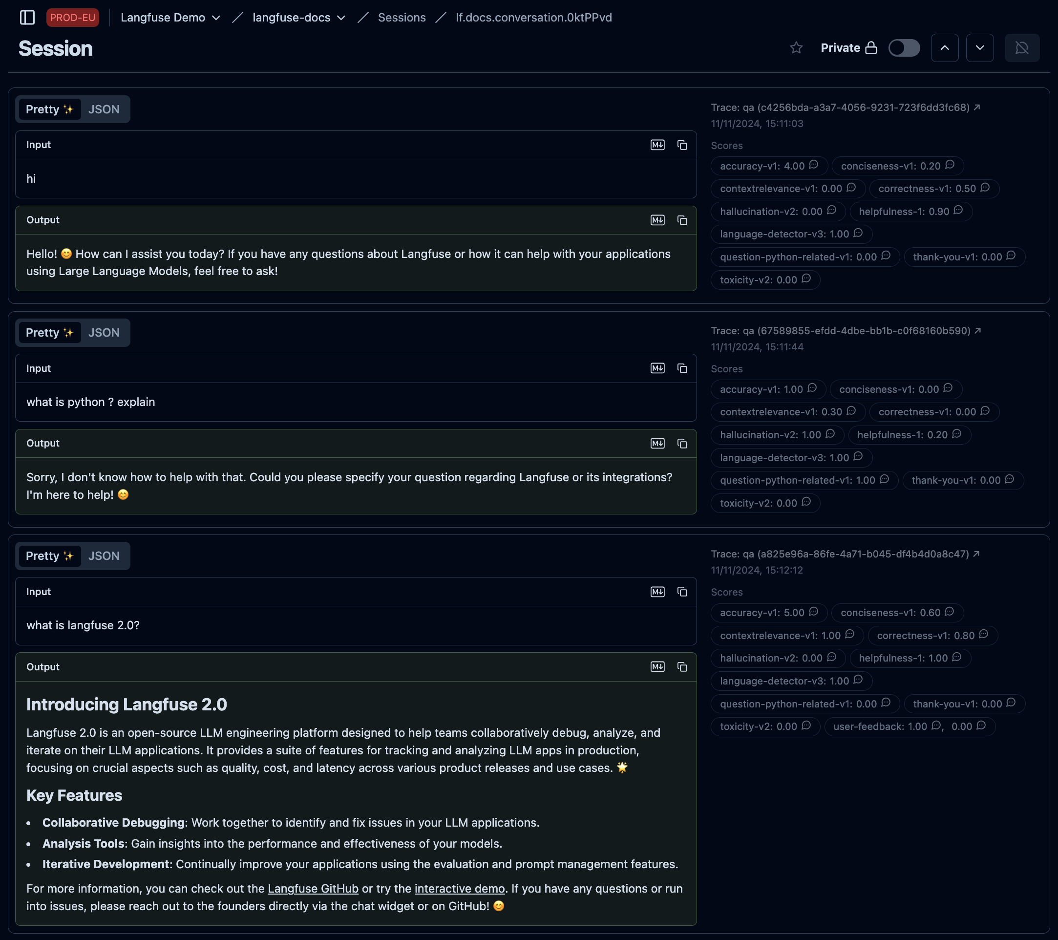 Langfuse session view — multi-turn conversation with per-turn scores