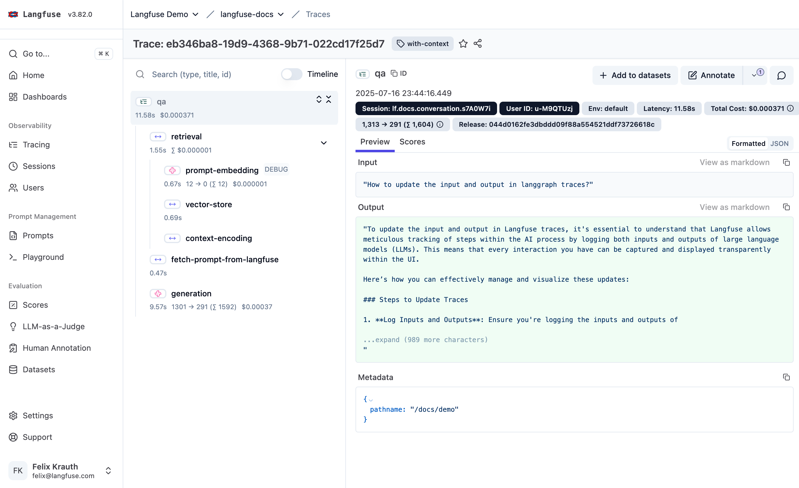 Langfuse single trace — nested retrieval, embedding, generation spans