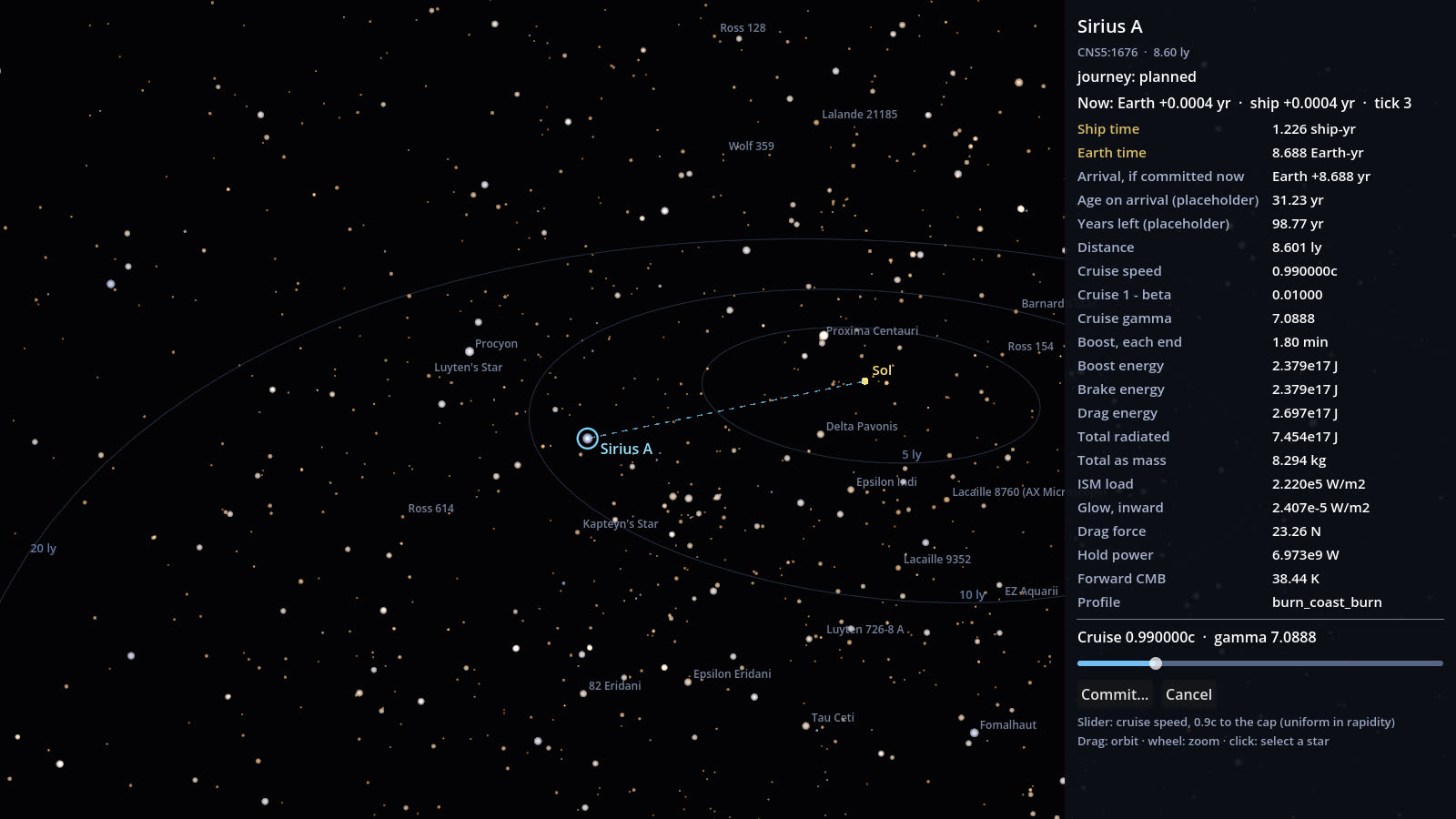 The galaxy map planning a trip to Sirius A, 8.60 ly