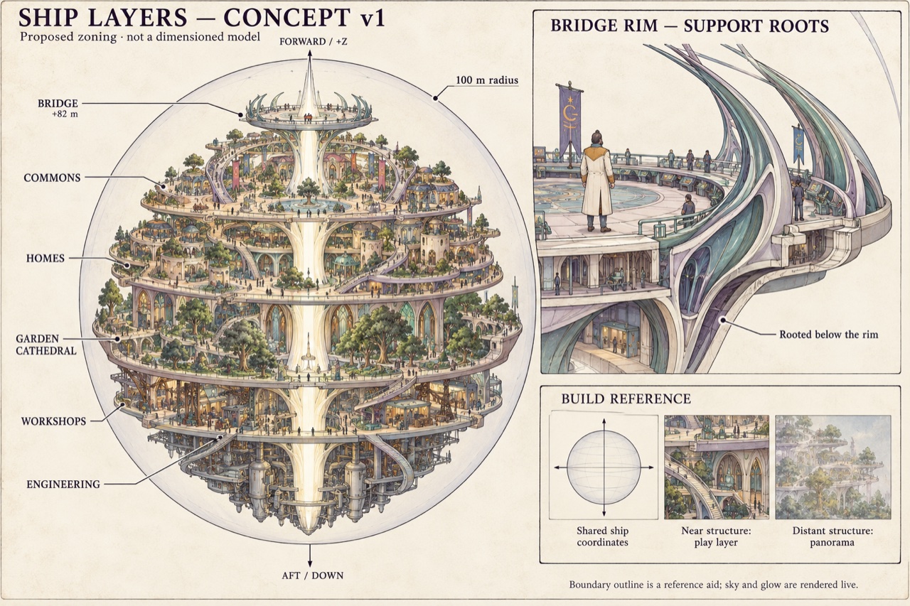 Ship layers: whole-ship cutaway and bridge-rim roots