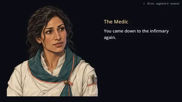 The Medic rehearsal: portraits swap 150 ms ahead of each segment with a 120 ms crossfade (stub voice).